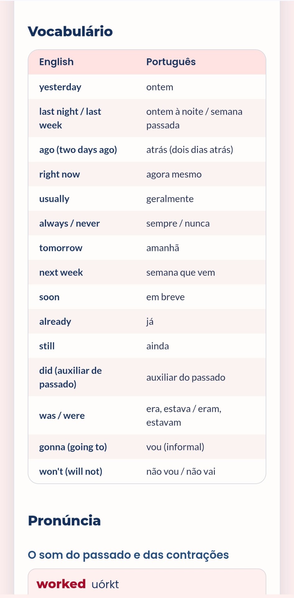 Página de vocabulário e pronúncia do e-book