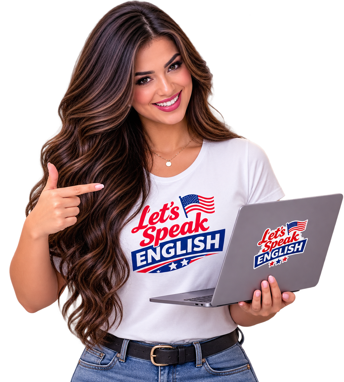 Mayara Santos apresentando o Let's Speak English no notebook