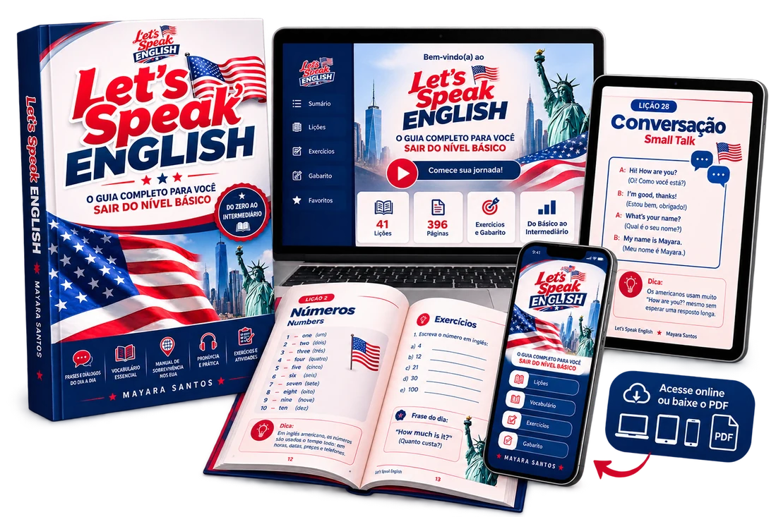 Let's Speak English no notebook, tablet, celular e em livro impresso